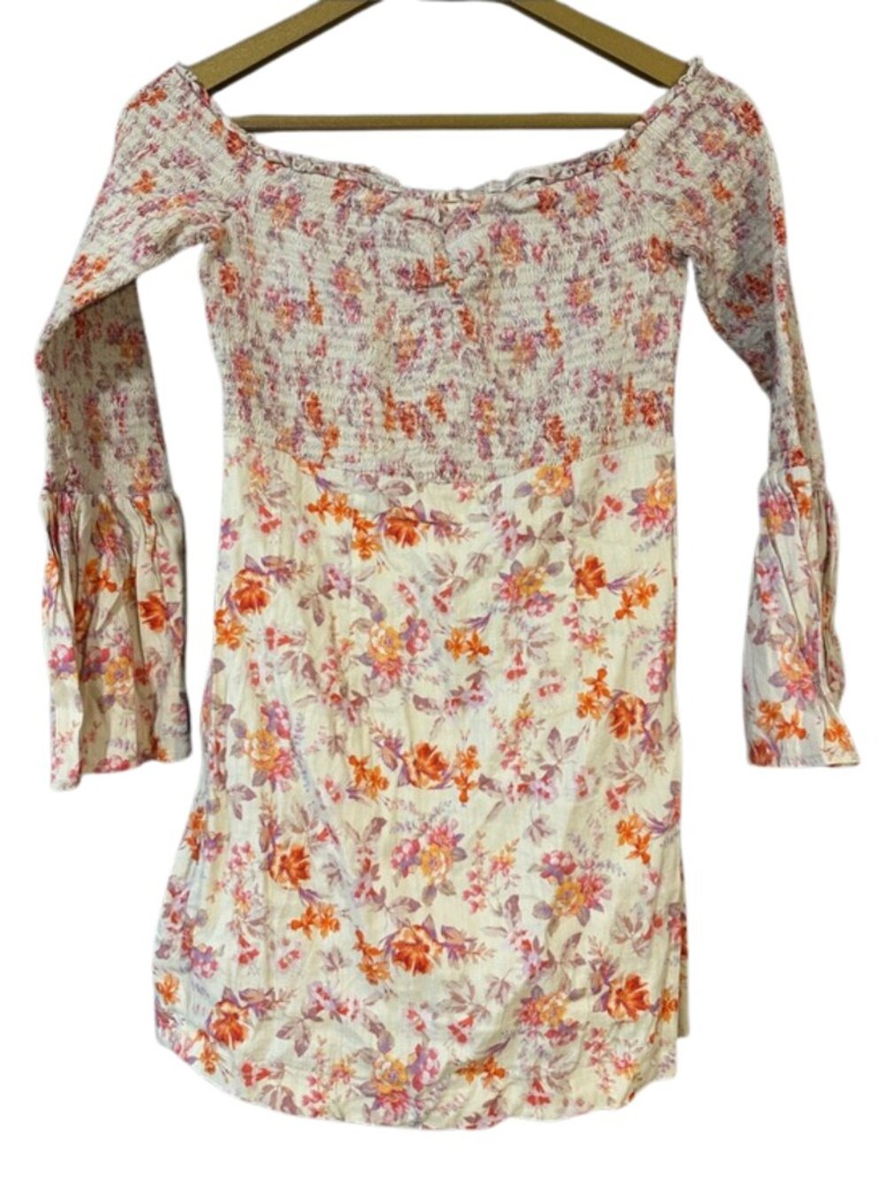 Guess Floral Off Shoulder Mini Dress White Orange Pink Smocked S